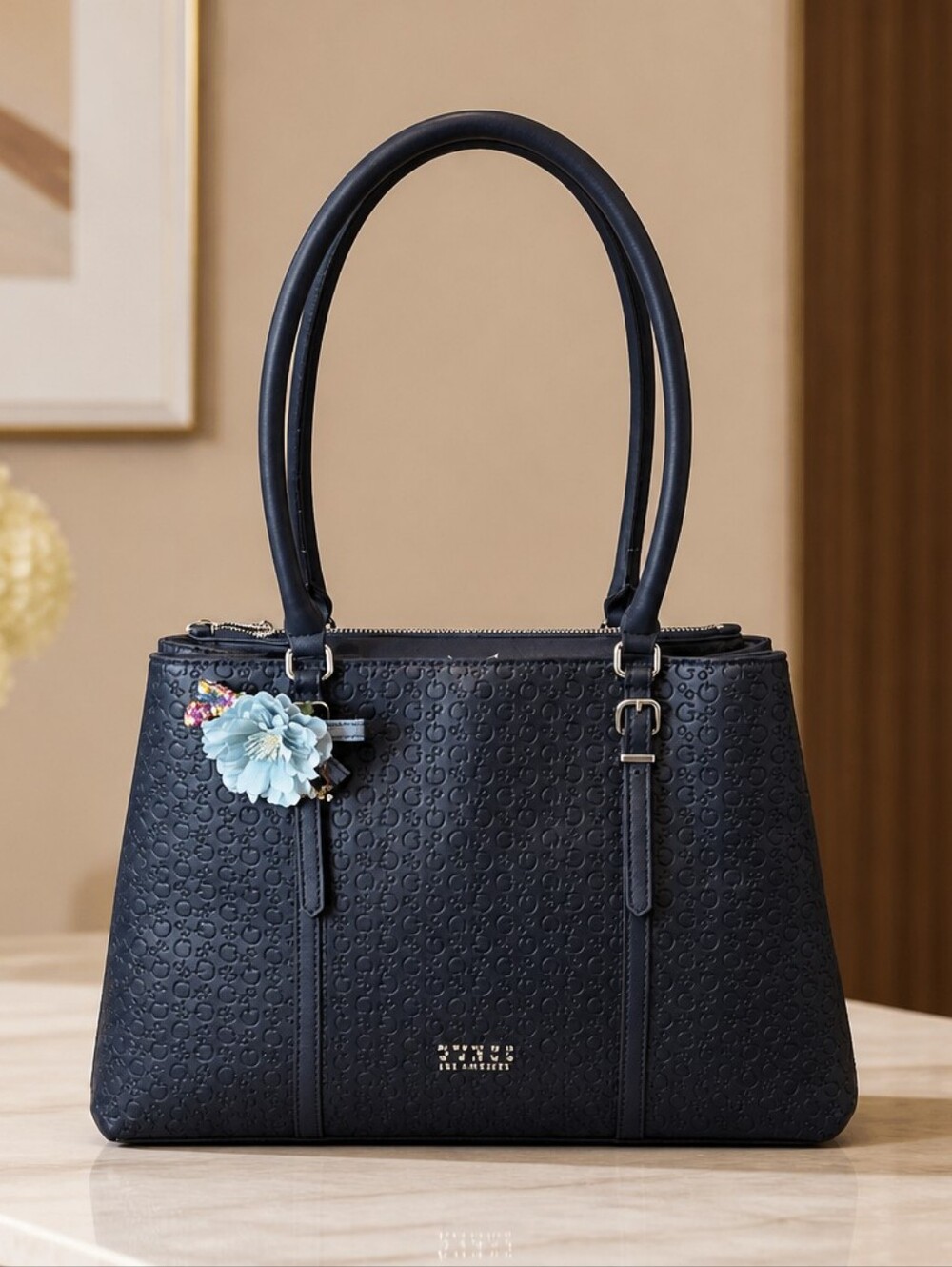 Guess Black Embossed Tote with Blue Flower Charm and Dust Bag